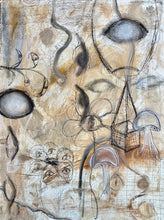 Abstract artwork with organic shapes and patterns on a textured beige background