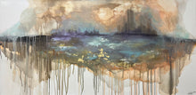 Abstract artwork with a reflective surface and cityscape