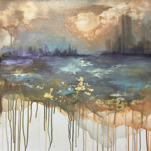 Abstract artwork with a reflective surface and cityscape