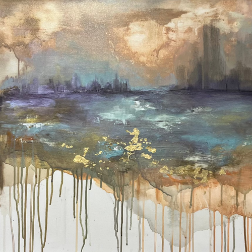 Abstract artwork with a reflective surface and cityscape