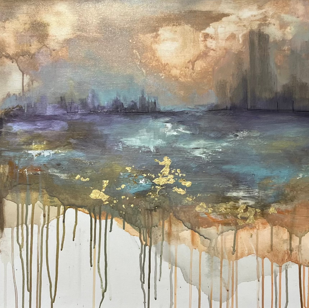 Abstract artwork with a reflective surface and cityscape