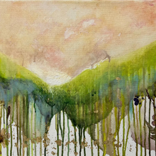 Watercolor landscape with green trees and a pink sky
