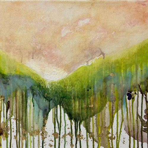 Watercolor landscape with green trees and a pink sky