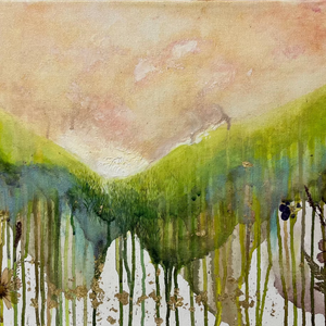 Watercolor landscape with green trees and a pink sky