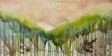 Watercolor landscape with green trees and a pink sky
