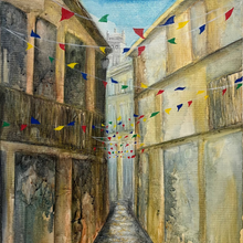 Artistic depiction of a narrow alley with colorful flags between buildings