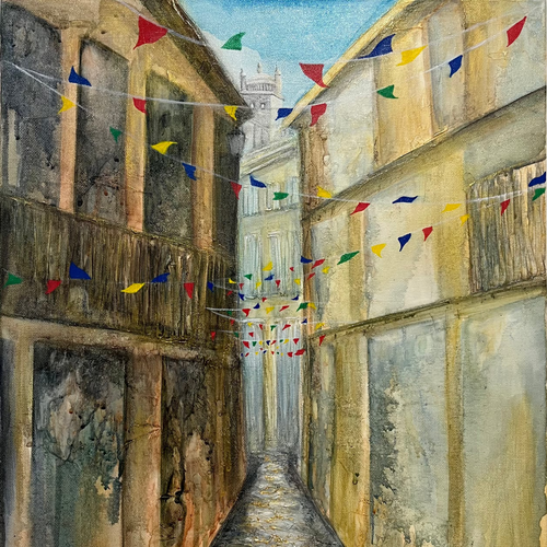 Artistic depiction of a narrow alley with colorful flags between buildings