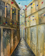 Artistic depiction of a narrow alley with colorful flags between buildings