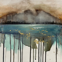Abstract art piece with a landscape and flowing elements