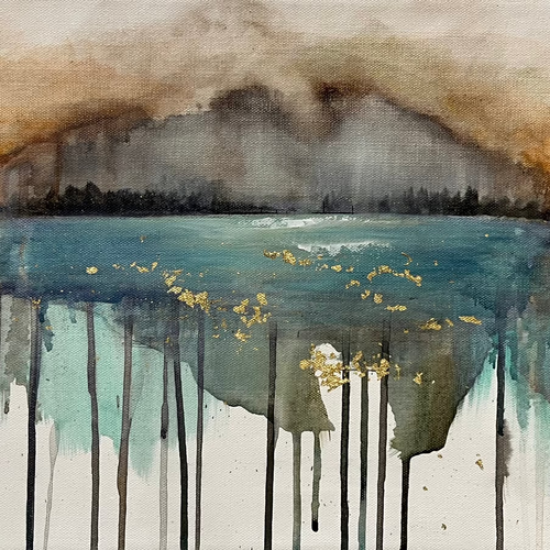 Abstract art piece with a landscape and flowing elements