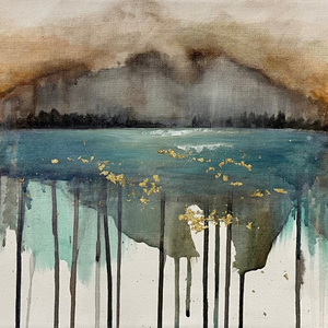 Abstract art piece with a landscape and flowing elements