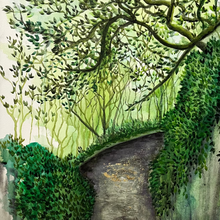 Artistic depiction of a garden path winding through trees and shrubs