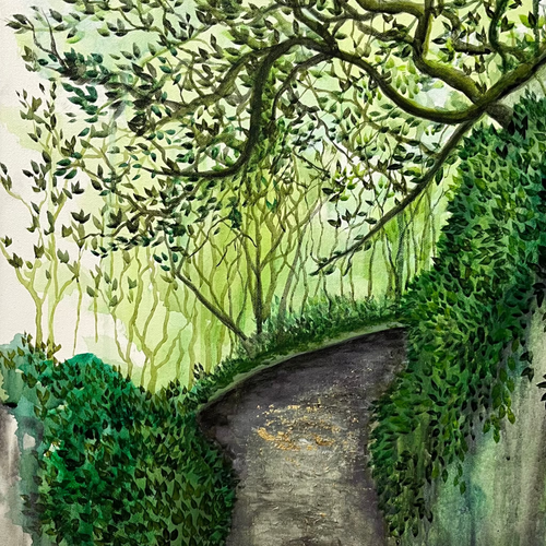 Artistic depiction of a garden path winding through trees and shrubs