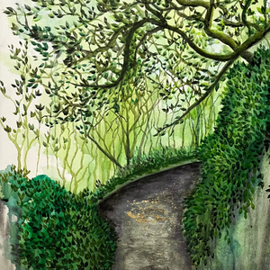 Artistic depiction of a garden path winding through trees and shrubs