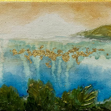 Scenic painting of a lake with mountains and trees