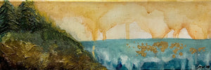 Scenic painting of a lake with mountains and trees