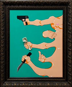 "Crime Pays" by Chad “Sorethumart” Wade, Mixed Media on Canvas