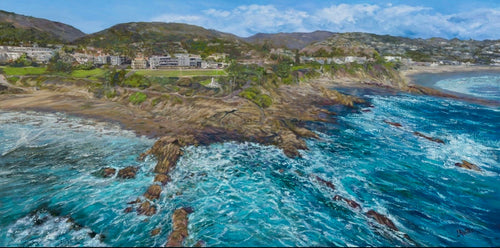 Lia Goritz "Lawn Bowling Club and Monument, Heisler Park, Laguna Beach" 72"X36" oil painting