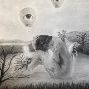 Pencil drawing of a person sitting on a bed with eye-shaped balloons above, surrounded by nature.