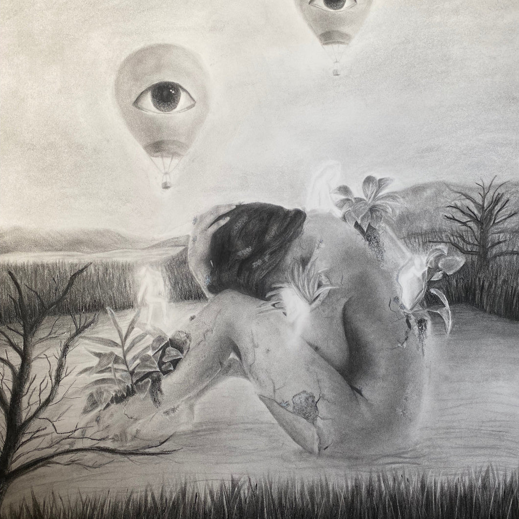Pencil drawing of a person sitting on a bed with eye-shaped balloons above, surrounded by nature.