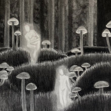 Black and white illustration of two figures in a forest with glowing mushrooms.