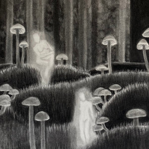 Black and white illustration of two figures in a forest with glowing mushrooms.