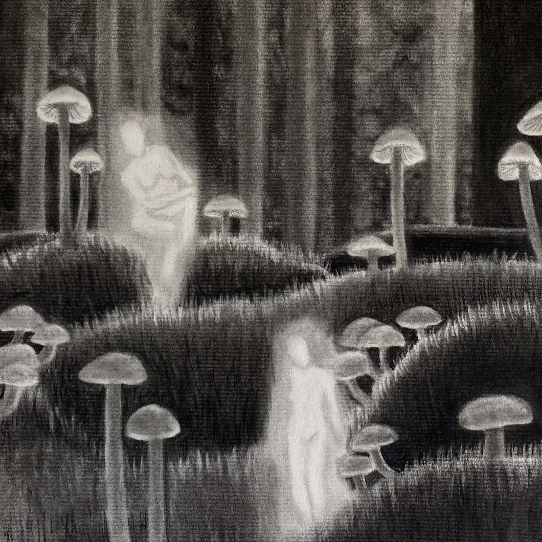 Black and white illustration of two figures in a forest with glowing mushrooms.
