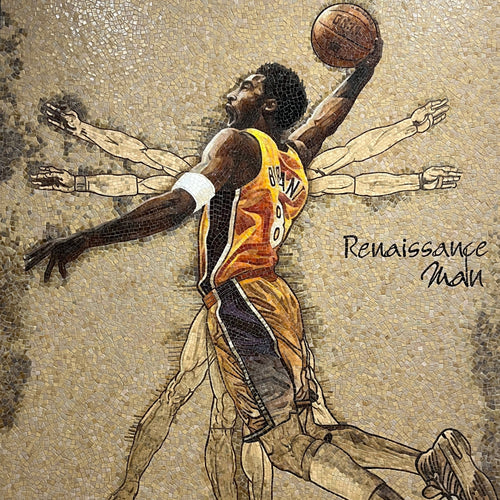 Artistic depiction of a basketball player in action with 'Renaissance Man' text.