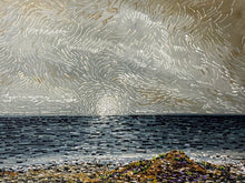 Abstract landscape with wavy lines and a rocky foreground