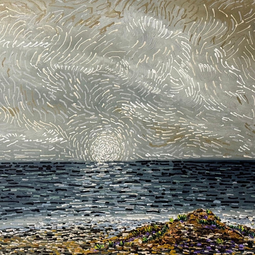 Abstract landscape with wavy lines and a rocky foreground