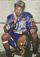 Mosaic artwork of a person wearing a colorful jacket and cap, sitting on a bench.