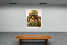 Painting of a woman with a child on a wall in an art gallery with a wooden bench below.