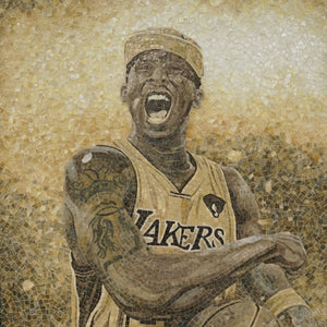 Mosaic artwork of a basketball player in a Lakers jersey on a textured background