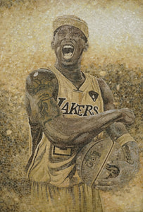 Mosaic artwork of a basketball player in a Lakers jersey on a textured background