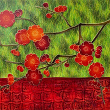 "Flowers Over the Red Wall" by Nancy Bermel, Fabric on Canvas
