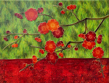 "Flowers Over the Red Wall" by Nancy Bermel, Fabric on Canvas