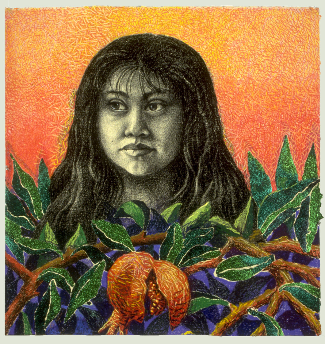 Artistic depiction of a woman with a textured orange background and green foliage.