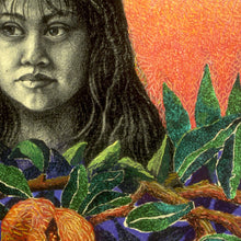Artistic depiction of a woman with a textured orange background and green foliage.