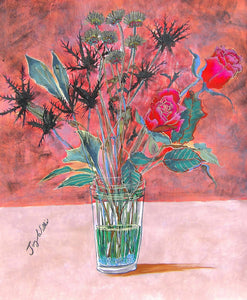 "Red Roses with Orange" by Suzanne Willis, Mixed Media on Hard Paper