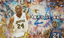 Collage of Kobe Bryant in a Lakers jersey with colorful abstract elements and 'Kobe Bryant' text.
