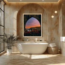 Modern bathroom with a freestanding bathtub, framed artwork, and decorative elements.