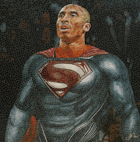 Mosaic artwork of a superhero in a studio setting