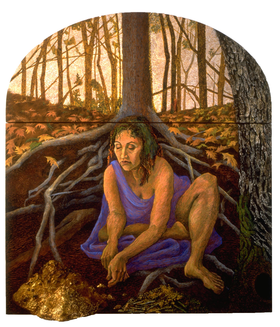 Woman sitting under a tree with a forest background