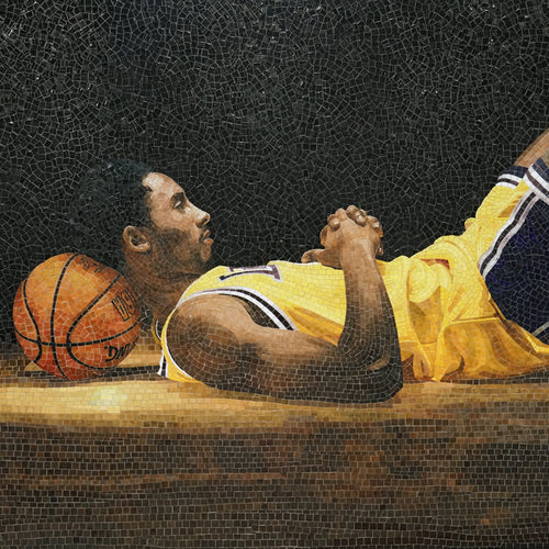 Mosaic artwork of a basketball player lying on the ground with a basketball next to him.