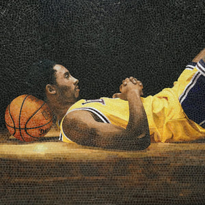 Mosaic artwork of a basketball player lying on the ground with a basketball next to him.