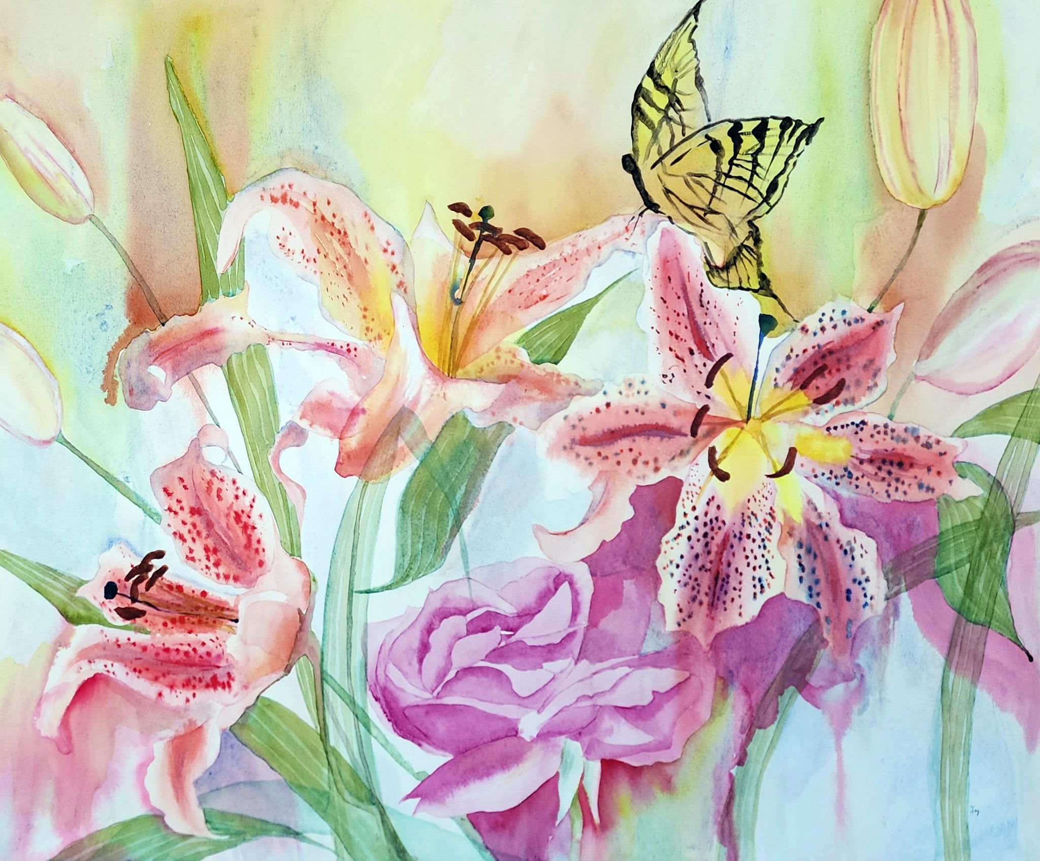 tiger lily watercolor painting Tiger Lilies Drip" by Suzanne Willis, 140LB Cold Press D Arches Water – LagunaART.com gallery