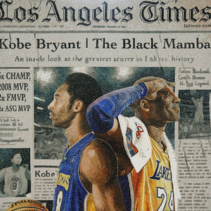 Artistic depiction of two basketball players in front of a Los Angeles Times newspaper background