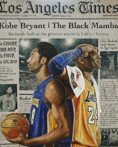 Artistic depiction of two basketball players in front of a Los Angeles Times newspaper background