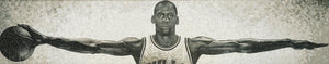 Mosaic artwork of a basketball player holding a ball on a wooden floor.