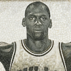 Mosaic artwork of a basketball player holding a ball on a wooden floor.